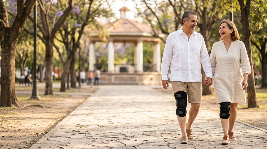 Pareja caminando en el parque con rodilleras